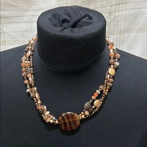 Handcrafted Brown Multi-Bead Statement Necklace with Center Glass Pendant